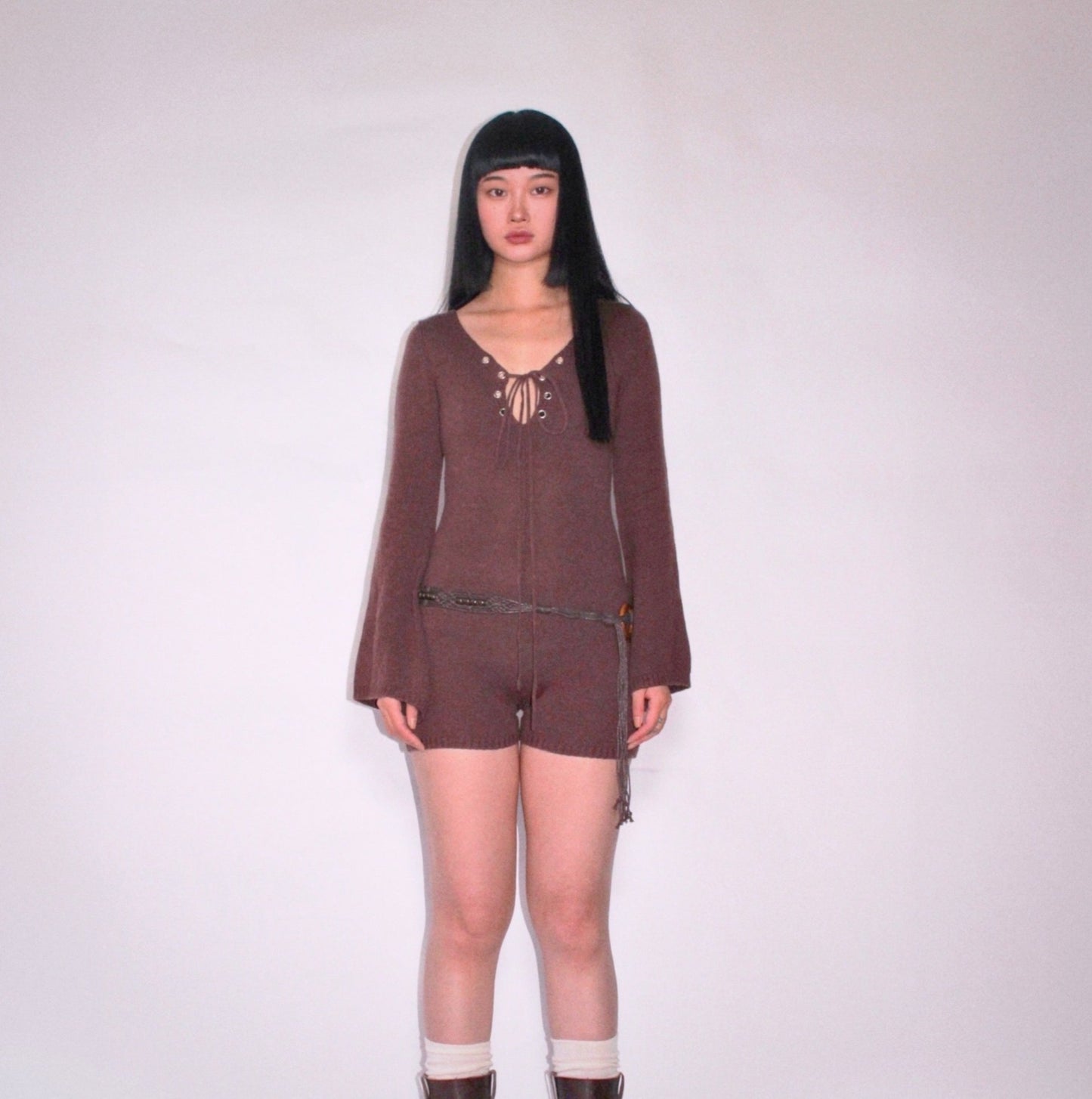 Sabrina Bell Sleeve Knitted Romper - BARK BROWN