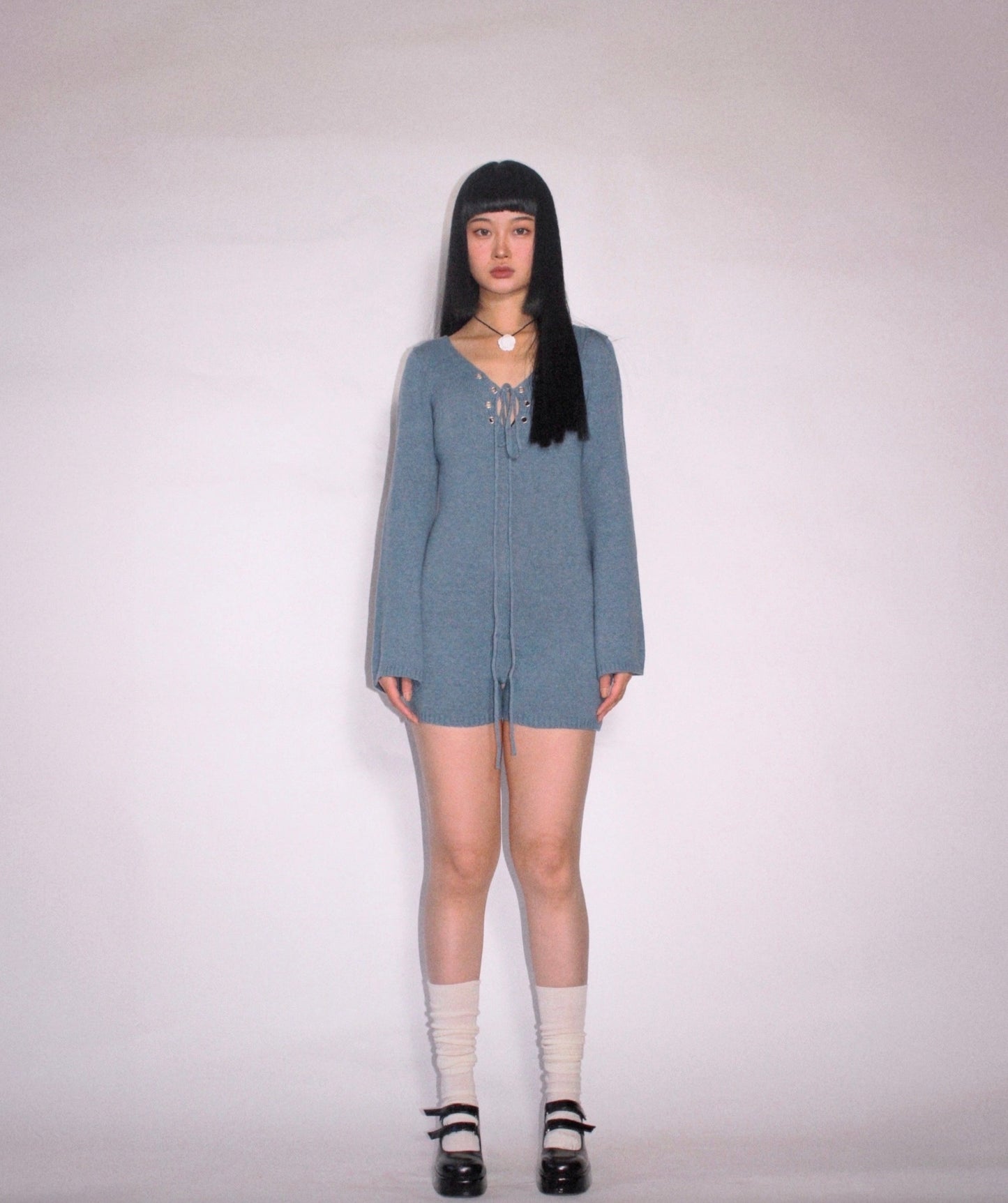 Sabrina Bell Sleeve Knitted Romper - STONE BLUE