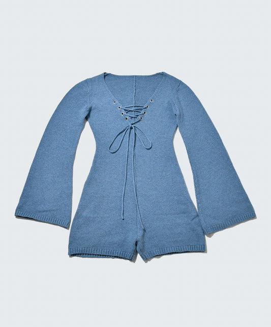 Sabrina Bell Sleeve Knitted Romper - STONE BLUE