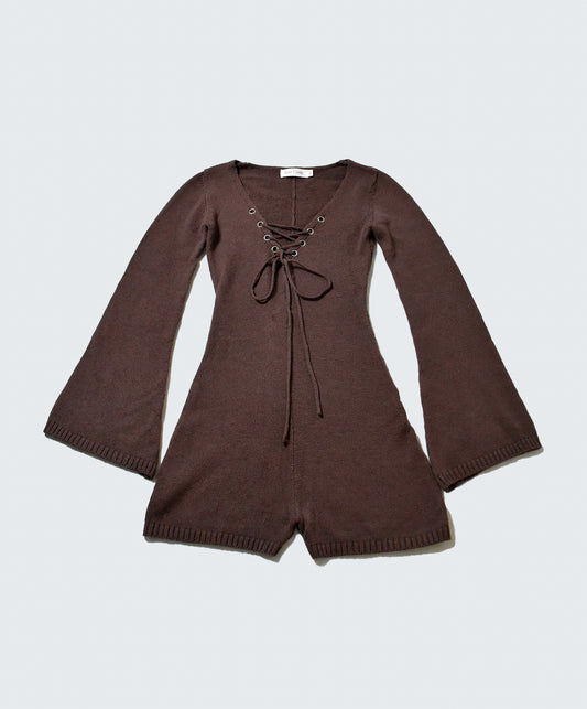 Sabrina Bell Sleeve Knitted Romper - BARK BROWN